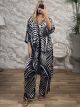 Soft Satin LONG Kimono&Pants Set/Navy Blue&White Leaves