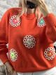 Flowers Embroidered Sweater-1298/Orange