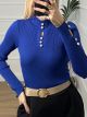 Knitted Buttons Neck Top/Blue Royal