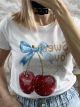 Cherries&Bow Cotton T-Shirt/White-Ciel Bow
