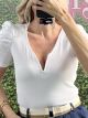 Puffed Sleeves Rip Top/White