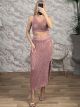 Knitted CropTop Skirt Set-23/Pink