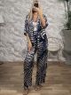 Soft Satin SHORT Kimono&Pants Set/Navy Blue&White Leaves