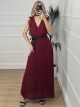 Muslin Rufflesleeves Pleated Dress/Burgundy