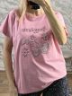 Embossed Print Strassed Cotton T-Stirt-1757/Pink