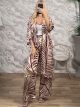 Soft Satin LONG Kimono&Pants Set/Beige&Camel Leaves