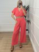 Elastic Pleated Belt Jumpsuit/Coral