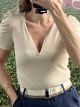 Puffed Sleeves Rip Top/Beige