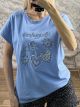 Embossed Print Strassed Cotton T-Stirt-1757/Ciel