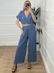 Elastic Pleated Belt Jumpsuit/Indigo