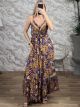 Silk GoldPrints Maxi Dress-2641/Orange&Blue