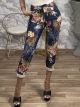 Suede Floral Elastic Pants/Blue