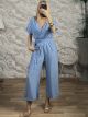 Cotton&Linen Shortsleeve Jumpsuit-6272/Ciel