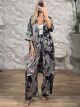 Soft Satin LONG Kimono&Pants Set/Multi Black
