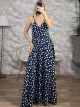 Polka Dot Satin Openback Dress/Navy Blue