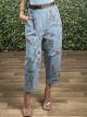 Floral Denim OS Pants/Light Blue