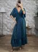 Short Sleeves Silk Maxi Dress-1267/Blue&Green
