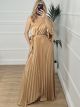 Pleated Satin OneShoulder Dress/Beige