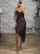 Satin Asymmetrical Lace Midi Dress-58401/Chocolat