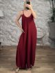 GoldBeaded Straps Wide Jumpsuit/Burgundy