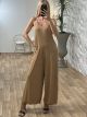 Elastic Ribbed Jumpsuit-Monochrome/Beige