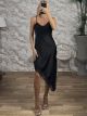 Satin Asymmetrical Lace Midi Dress-58401/Black