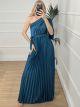 Pleated Satin OneShoulder Dress/Petrol
