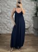 GoldBeaded Straps Wide Jumpsuit/Navy Blue