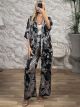 Soft Satin SHORT Kimono&Pants Set/Multi Black