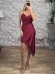 Satin Asymmetrical Lace Midi Dress-58401/Burgundy