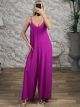 GoldBeaded Straps Wide Jumpsuit/Magenta