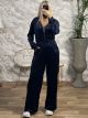 Velvet Zipper Wide Bodysuit/Navy Blue