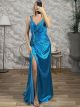 OpenBack Pleated Metallic Maxi Dress/Blue