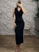 Ribbed DoubleStripes Collared Maxi Dress-56791/Black