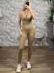 Gym Ripped Zipper Jumpsuit/Camel
