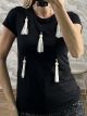 Pearled Tassels Cotton T-Shirt-5256/Black