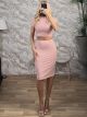 Strassed Rip Top&Skirt Set-40928/Pink