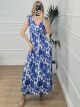 Elastic Floral Dress-V1090/Blue Royal