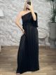 Satin Pleated OneShoulder Maxi Dress-37972/Black