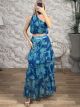 One-Shoulder Boho Skirt Set-6448/Blue