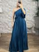 Satin Pleated OneShoulder Maxi Dress-37972/Petrol