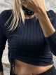 Frill Knitted Crop Top/Dark Blue