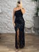 Sequinned OneShoulder Maxi Dress-6437/Black