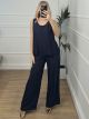 Rhinestone Cotton Pants Set/Navy Blue