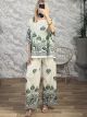 Wide Cotton Boho Pants Set-2552/Ecru&Green