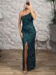 Sequinned OneShoulder Maxi Dress-6437/Petrol