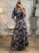 Maxi Satin Pleated Print Dress/Navy Blue