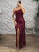 Sequinned OneShoulder Maxi Dress-6437/Burgundy
