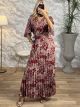 Maxi Satin Pleated Print Dress/Burgundy