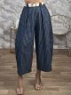 Striped Belt Cotton Wide Pants/Navy Blue